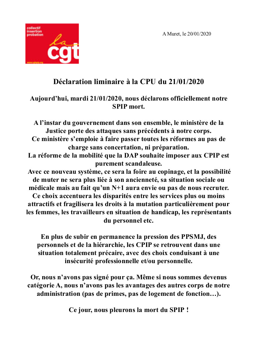 déclaration liminaire du 21 janvier Muret CGT insertion probation