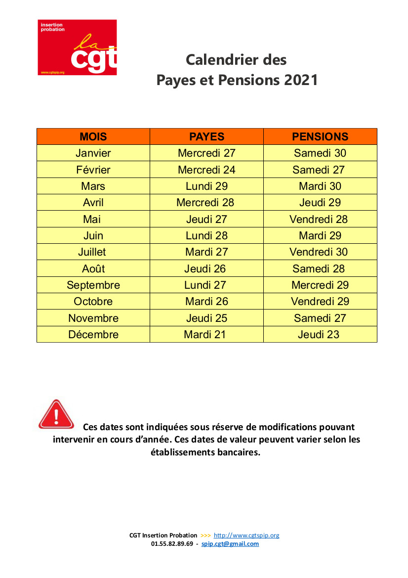 Calendrier des payes 2021 – CGT insertion probation