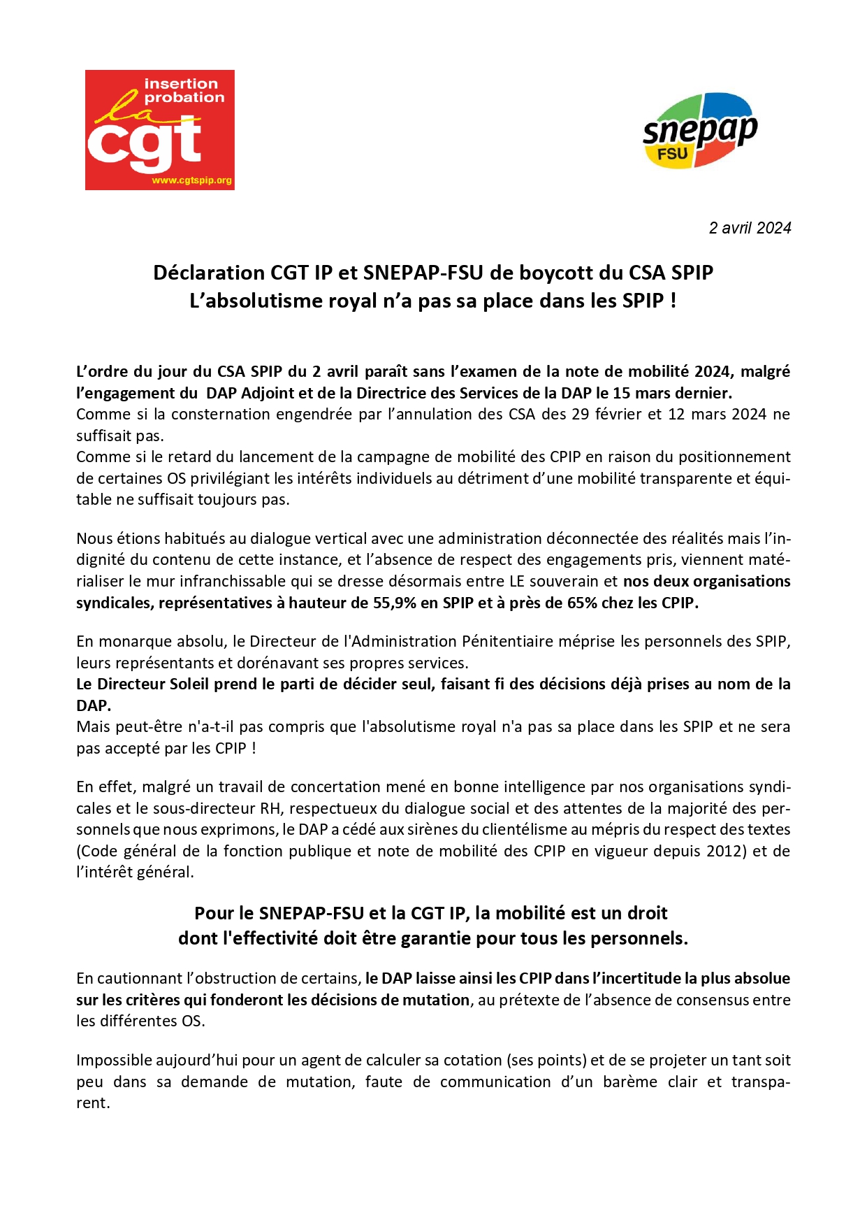 Déclaration boycott CSA du 2 avril page 0001 CGT insertion probation